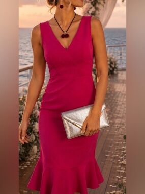 Jennifer Lopez pink Fuchsia Sleeveless V-Neck Midi Dress Sz 6